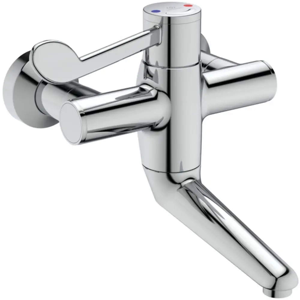 Thermostatarmatur in Chrom von Ideal Standard, mit einem Bedienhebel, der kaltes und warms Wasser mischt, an einer Wand montiert.